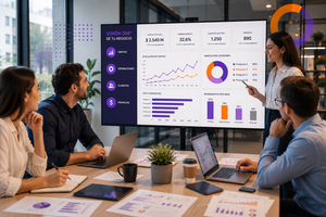 Profesionales tomando decisiones basadas en datos mediante herramientas de analítica empresarial y visualización de indicadores.